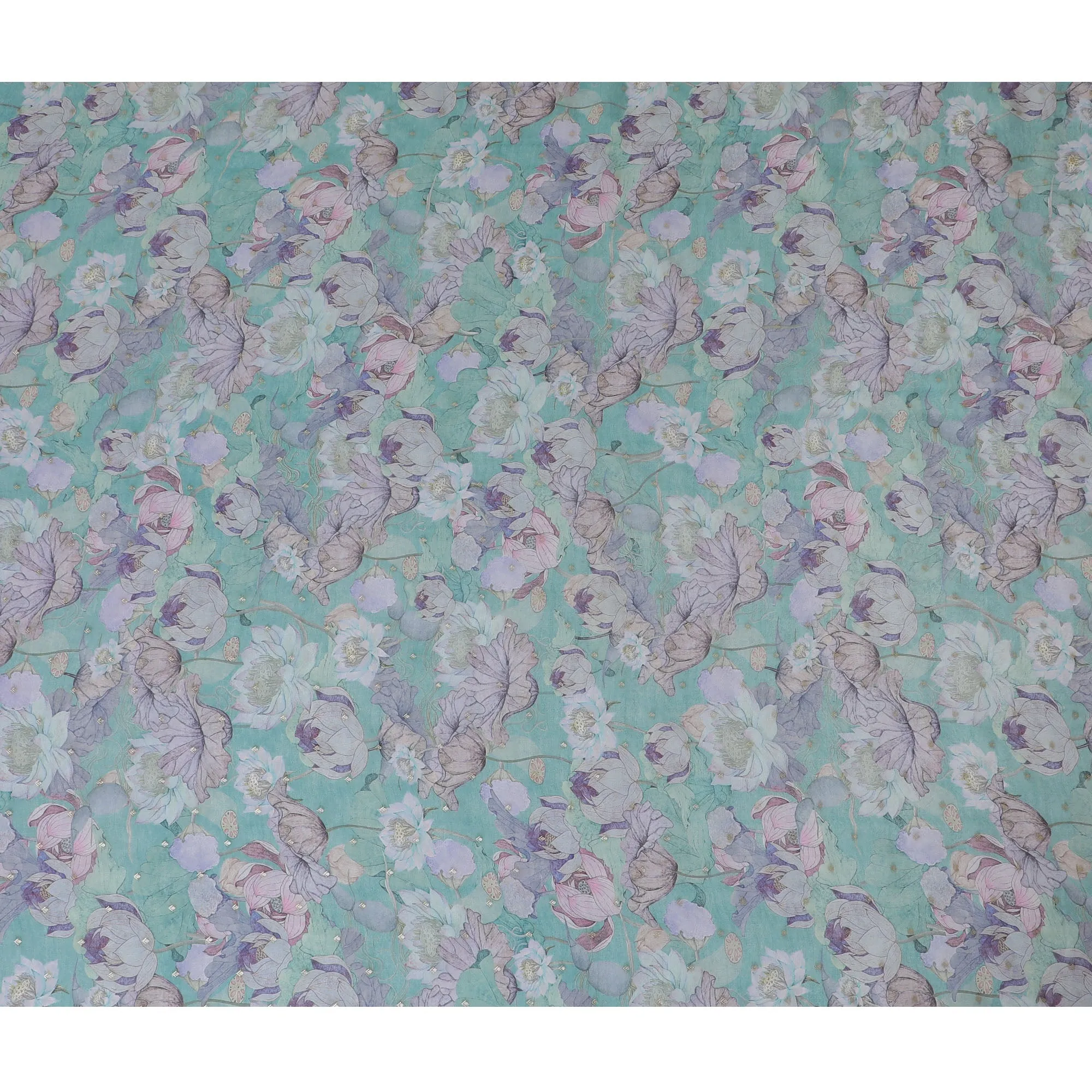 Aqua Blue and Lavender Floral Synthetic Organza Fabric - 110 cm Width, Made in India-D19641