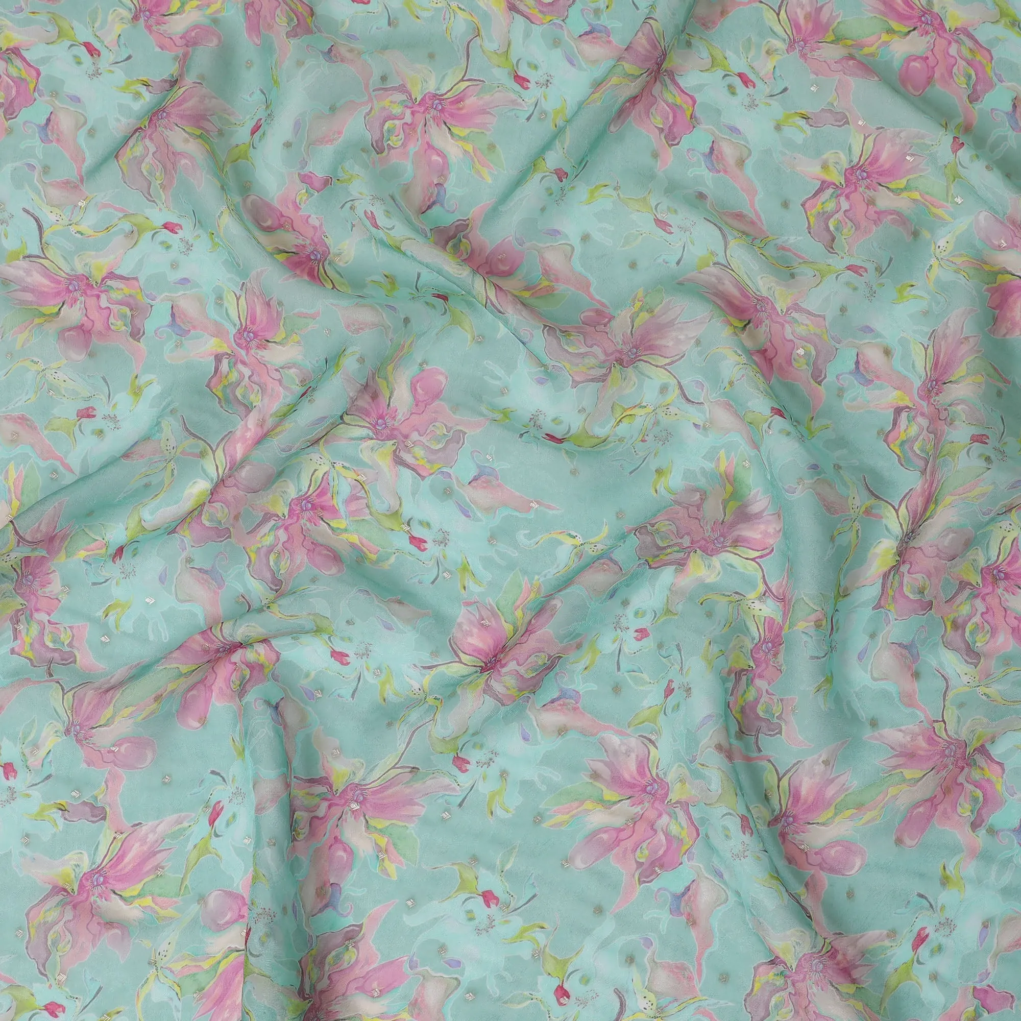 Aqua Blue Floral Synthetic Organza Fabric - 110 cm Width, Made in India-D19633