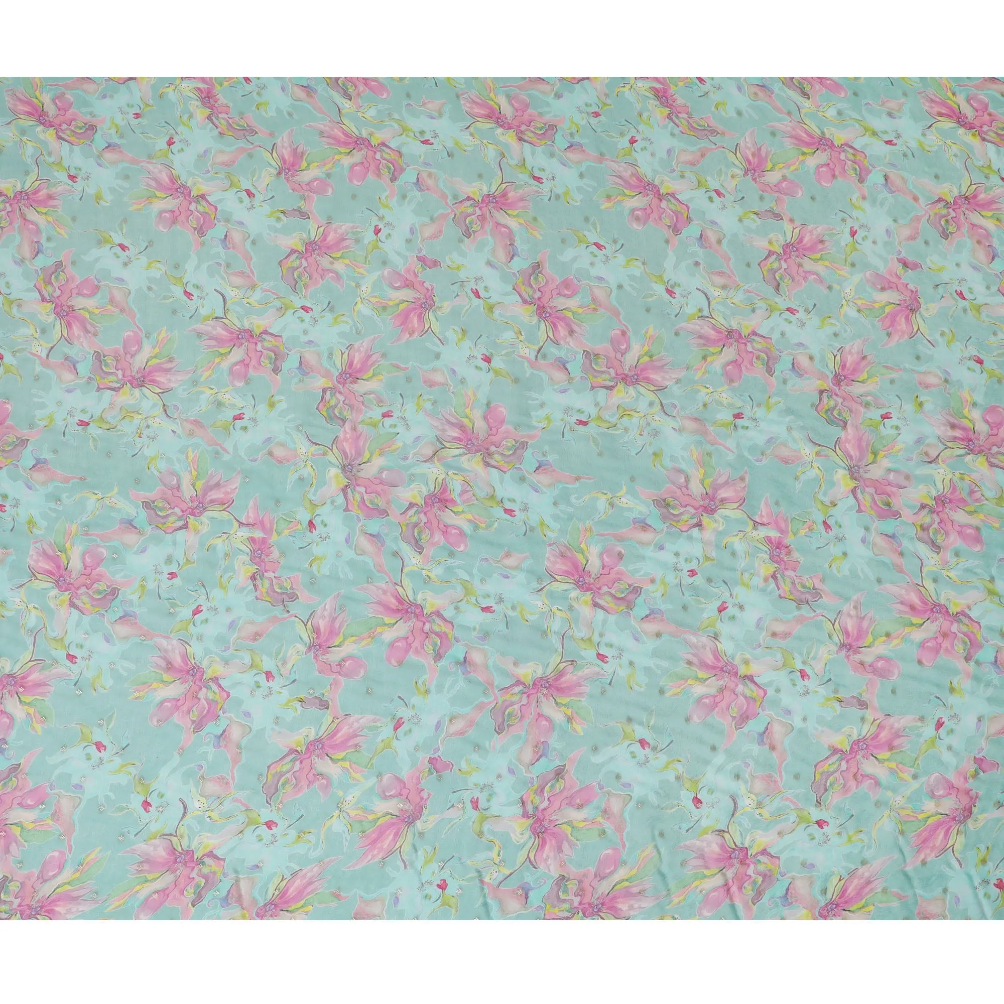 Aqua Blue Floral Synthetic Organza Fabric - 110 cm Width, Made in India-D19633