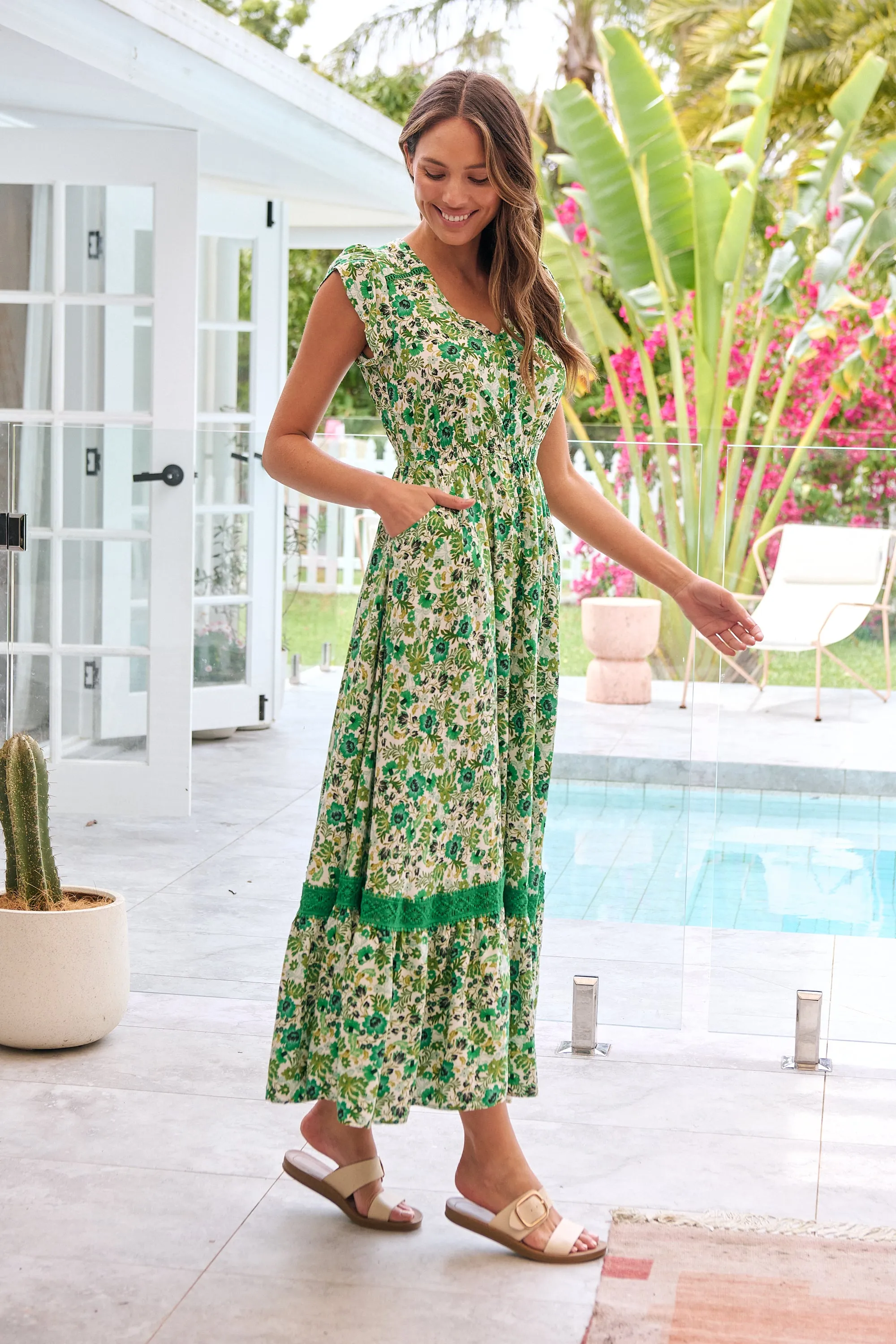 Augustina Button Front Shamrock Green Floral Print Maxi Dress