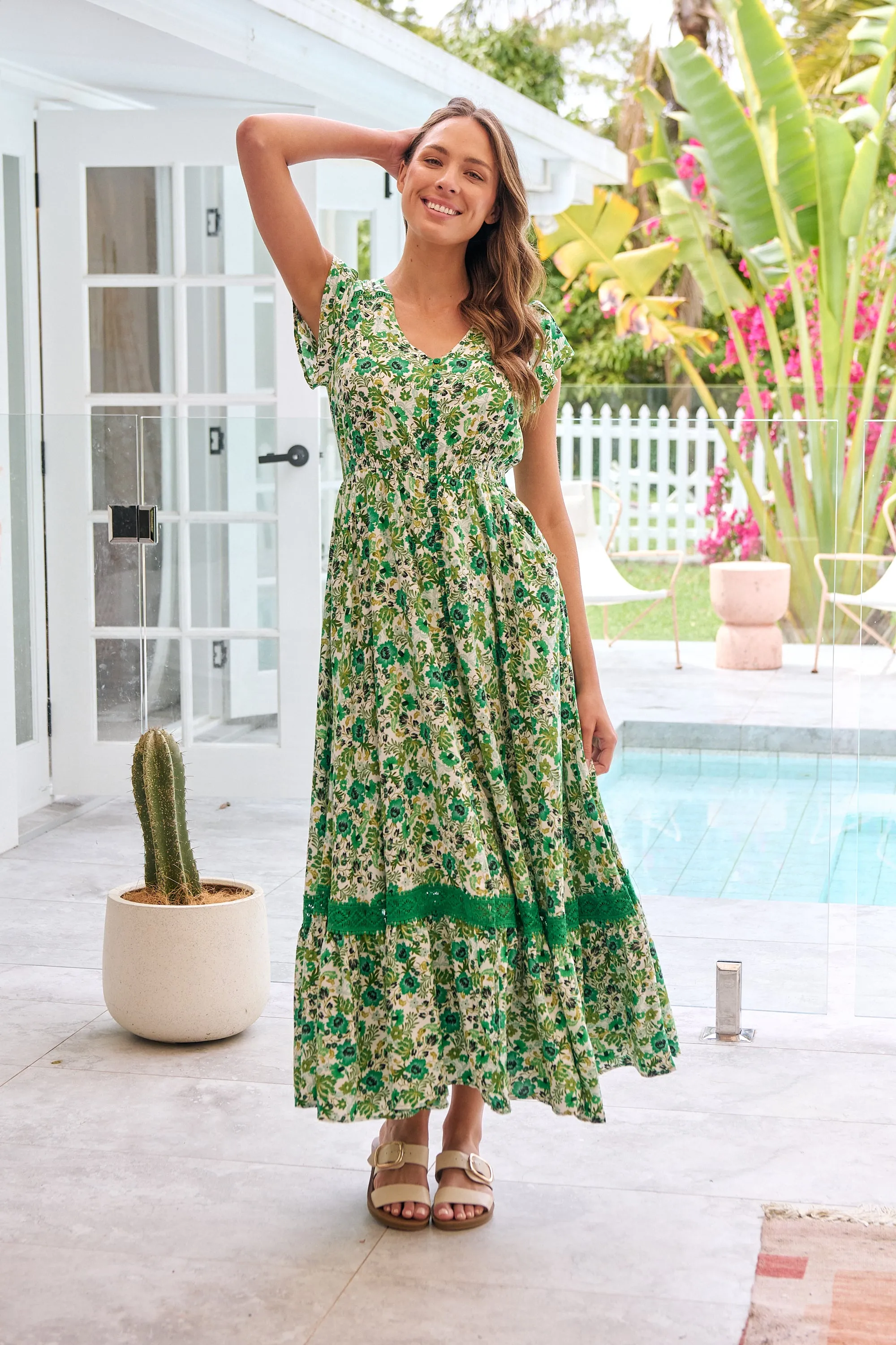 Augustina Button Front Shamrock Green Floral Print Maxi Dress