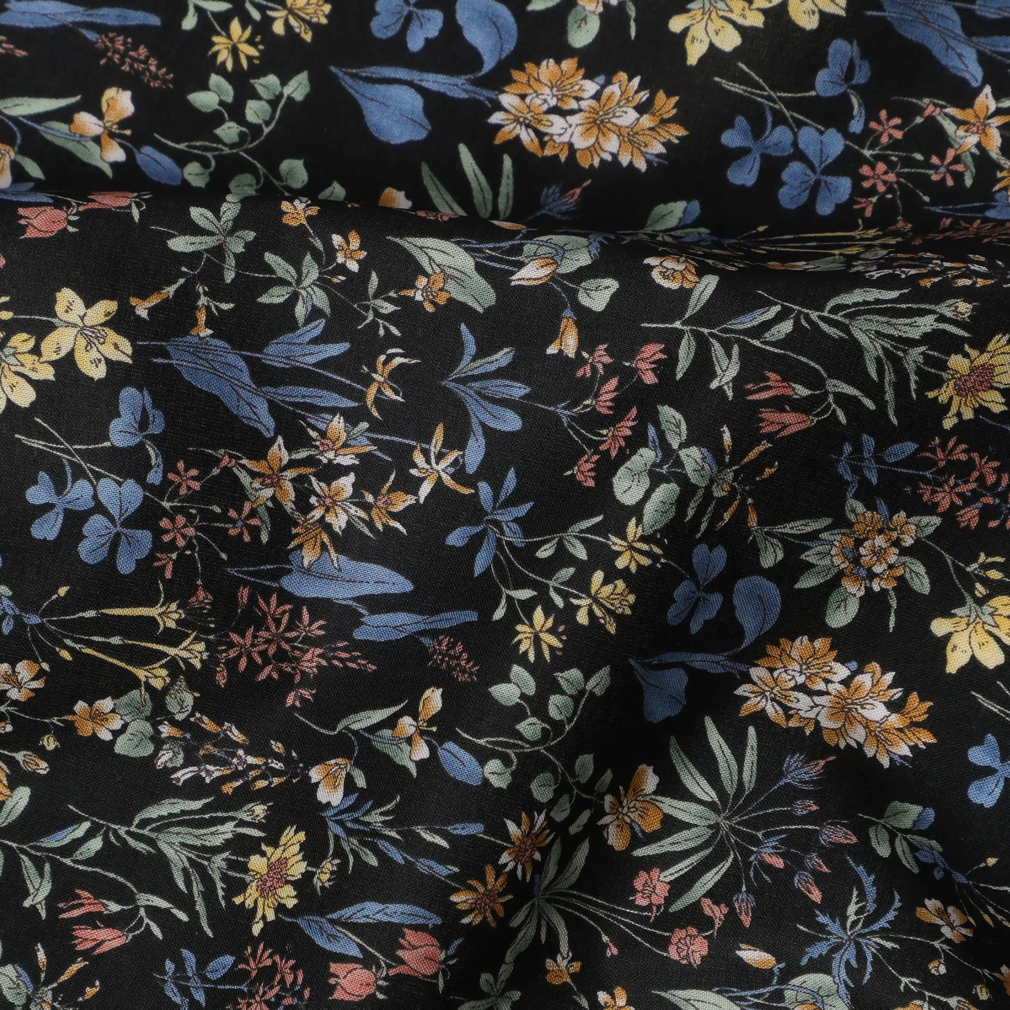 Black Floral Cotton Lawn Digital Print Fabric - 110 cm Width-D21217