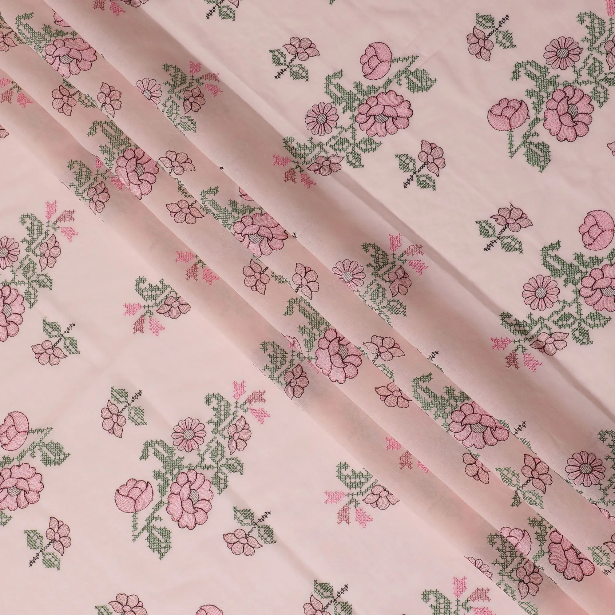 Blush Blossom Embroidered Cotton Lawn Fabric - Pastel Pink with Green Detail, 110cm Width-D18751