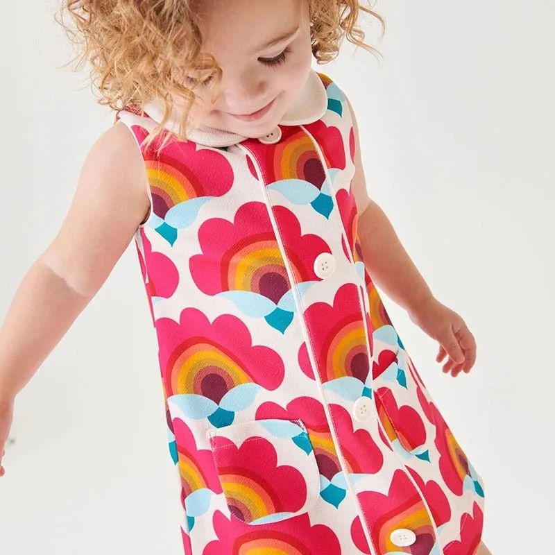 Bright Floral A-Line Dress with White Collar for Girls