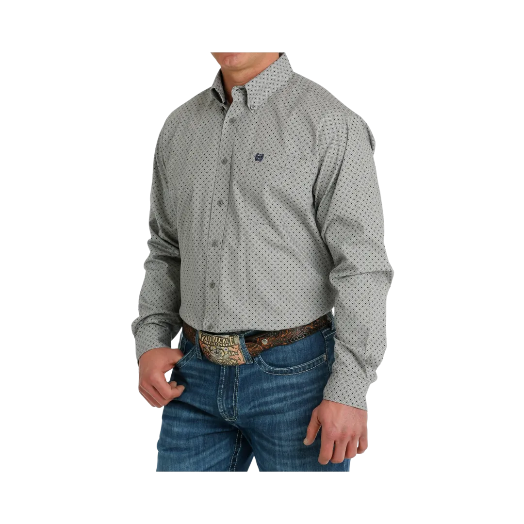 Cinch Men's Geometric Print Button Down Western Navy Gray Shirt