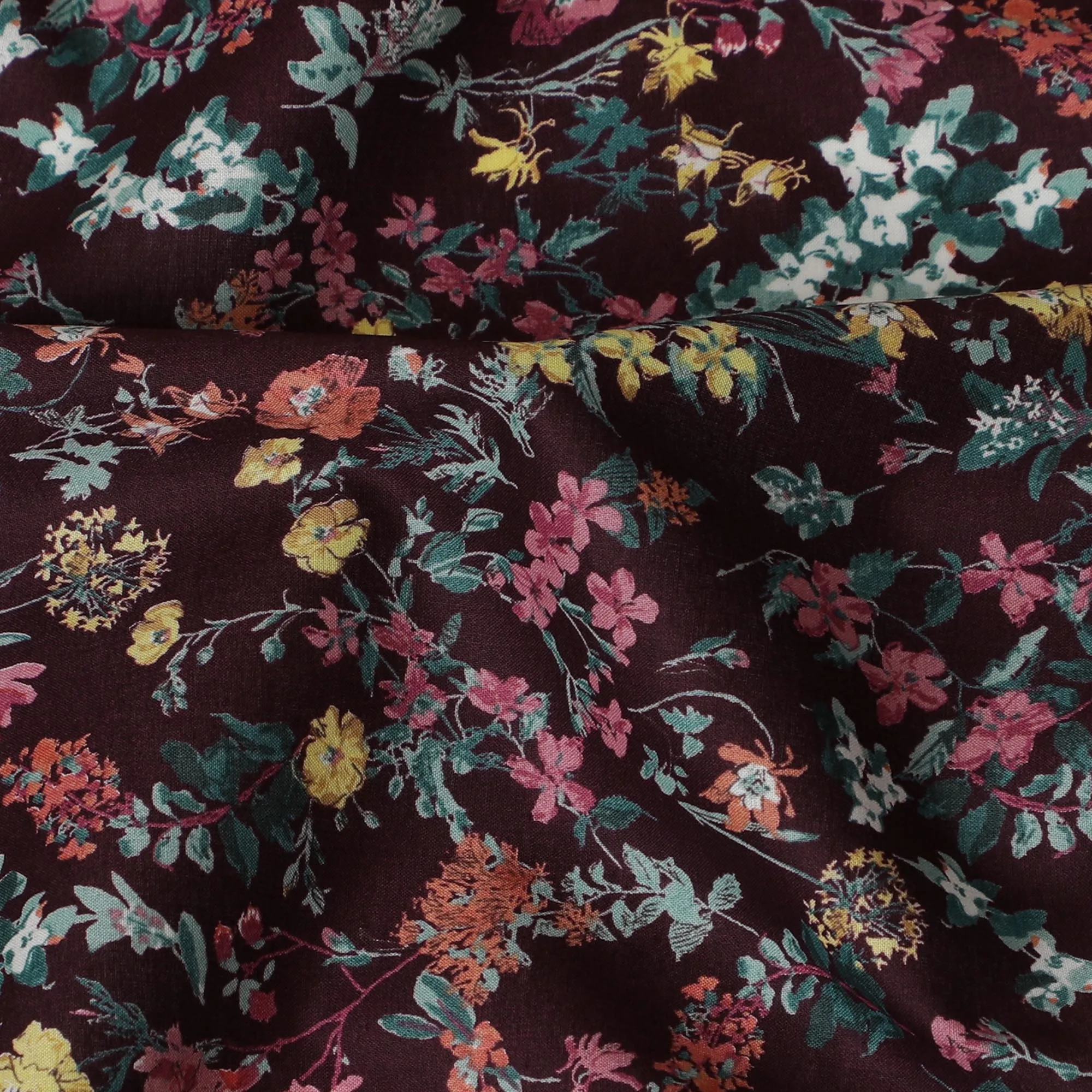 Elegant Maroon Floral Cotton Lawn Fabric with Pink and Yellow Blossoms, 110 cm Wide, Japanese Design-D19565