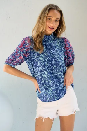 Embroidered Puff Sleeve Printed Blouse