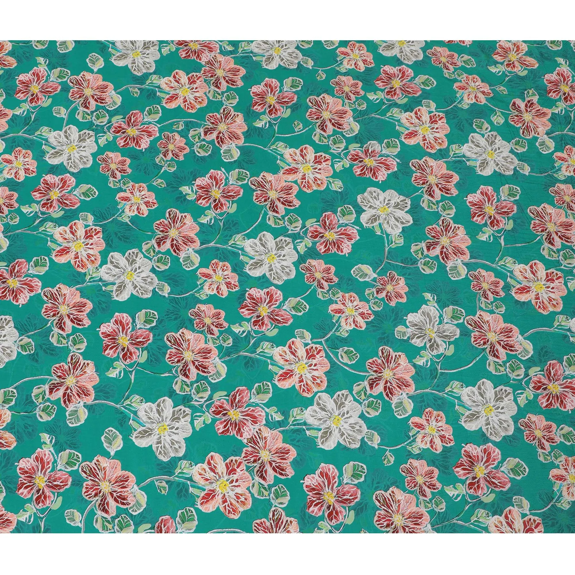 Emerald Blossom Viscose Crepe Fabric - 110cm Wide - Lush Floral Elegance - Buy Online-D18225