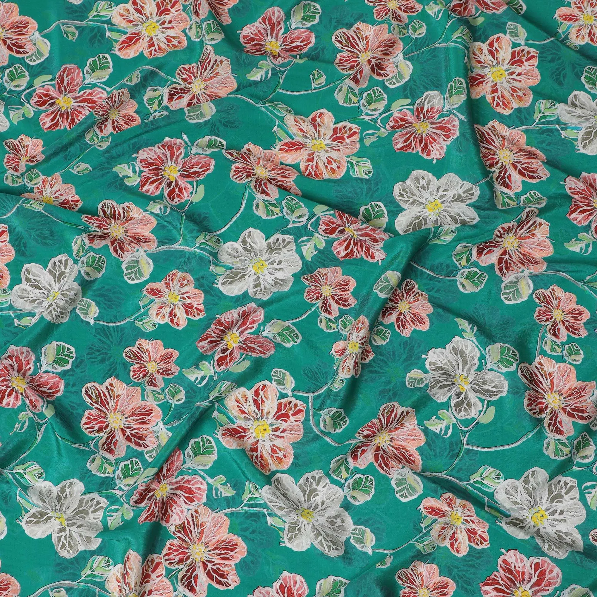 Emerald Blossom Viscose Crepe Fabric - 110cm Wide - Lush Floral Elegance - Buy Online-D18225