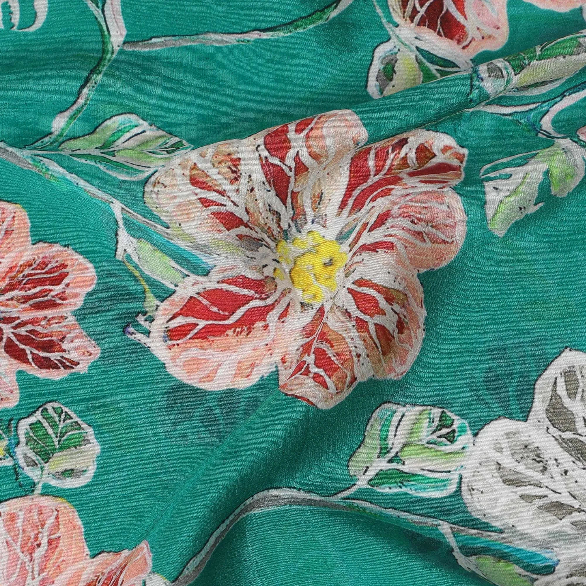 Emerald Blossom Viscose Crepe Fabric - 110cm Wide - Lush Floral Elegance - Buy Online-D18225