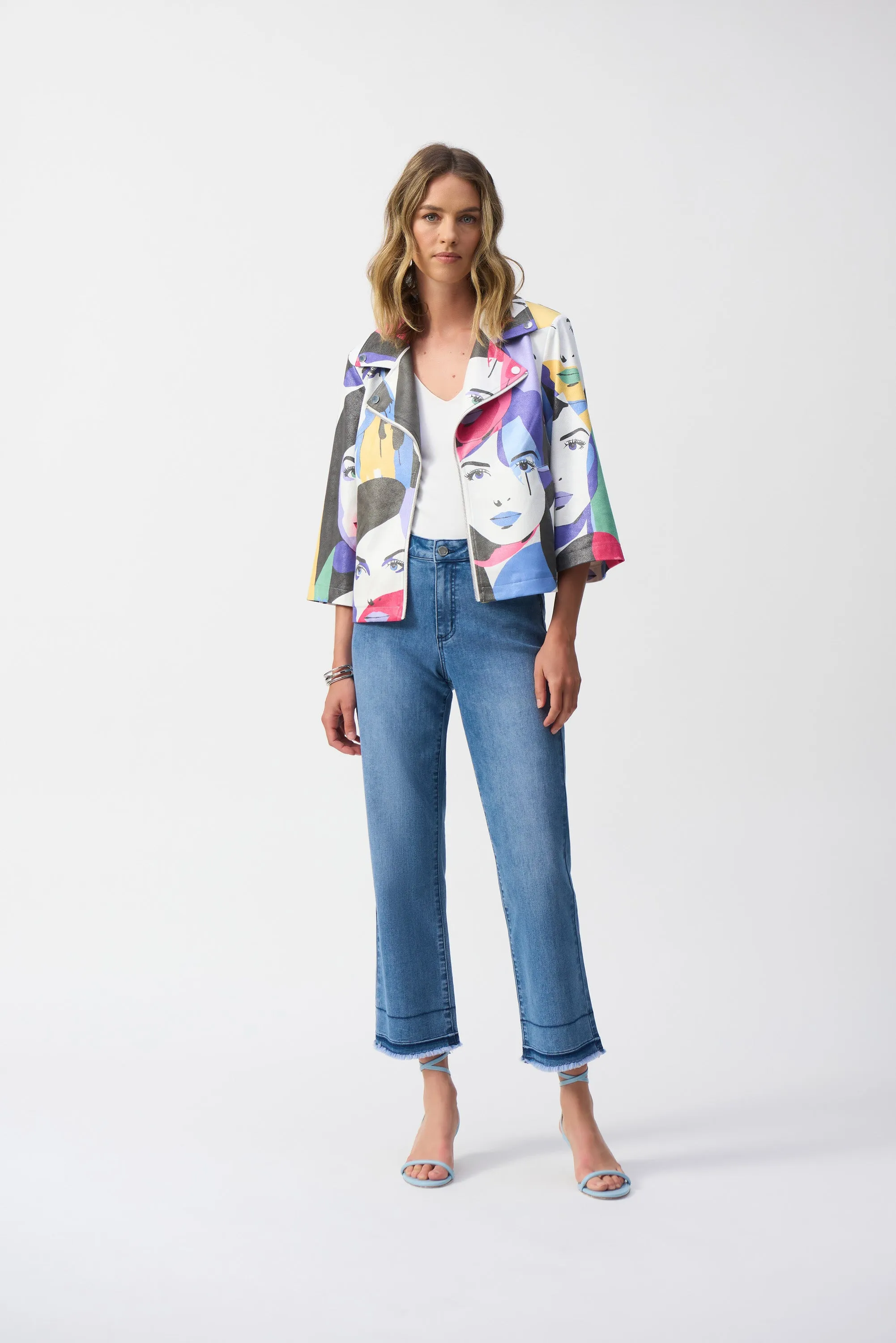 Faux Suede Face Print Trapeze Jacket, Vanilla/Multi