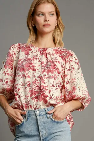 Floral Pleated Detail Lace Trim Sleeve Blouse