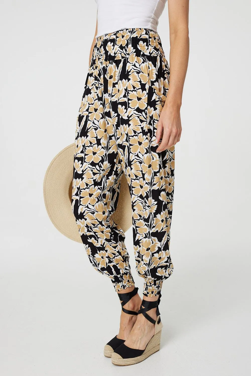 Floral Tassel Tie Pocket Harem Pants