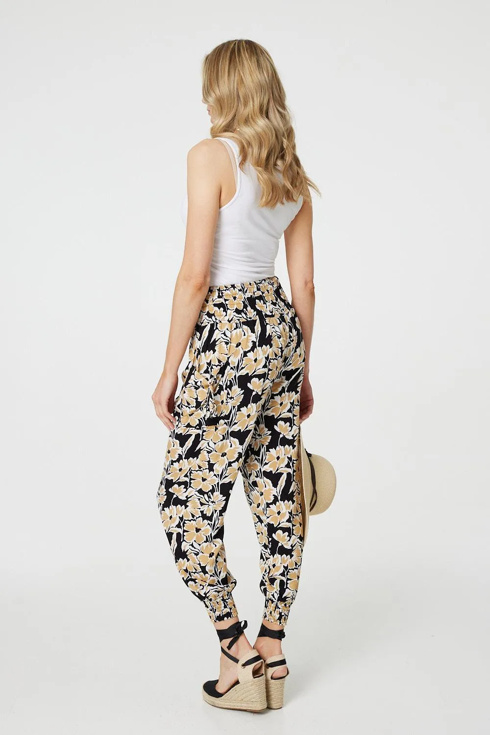 Floral Tassel Tie Pocket Harem Pants