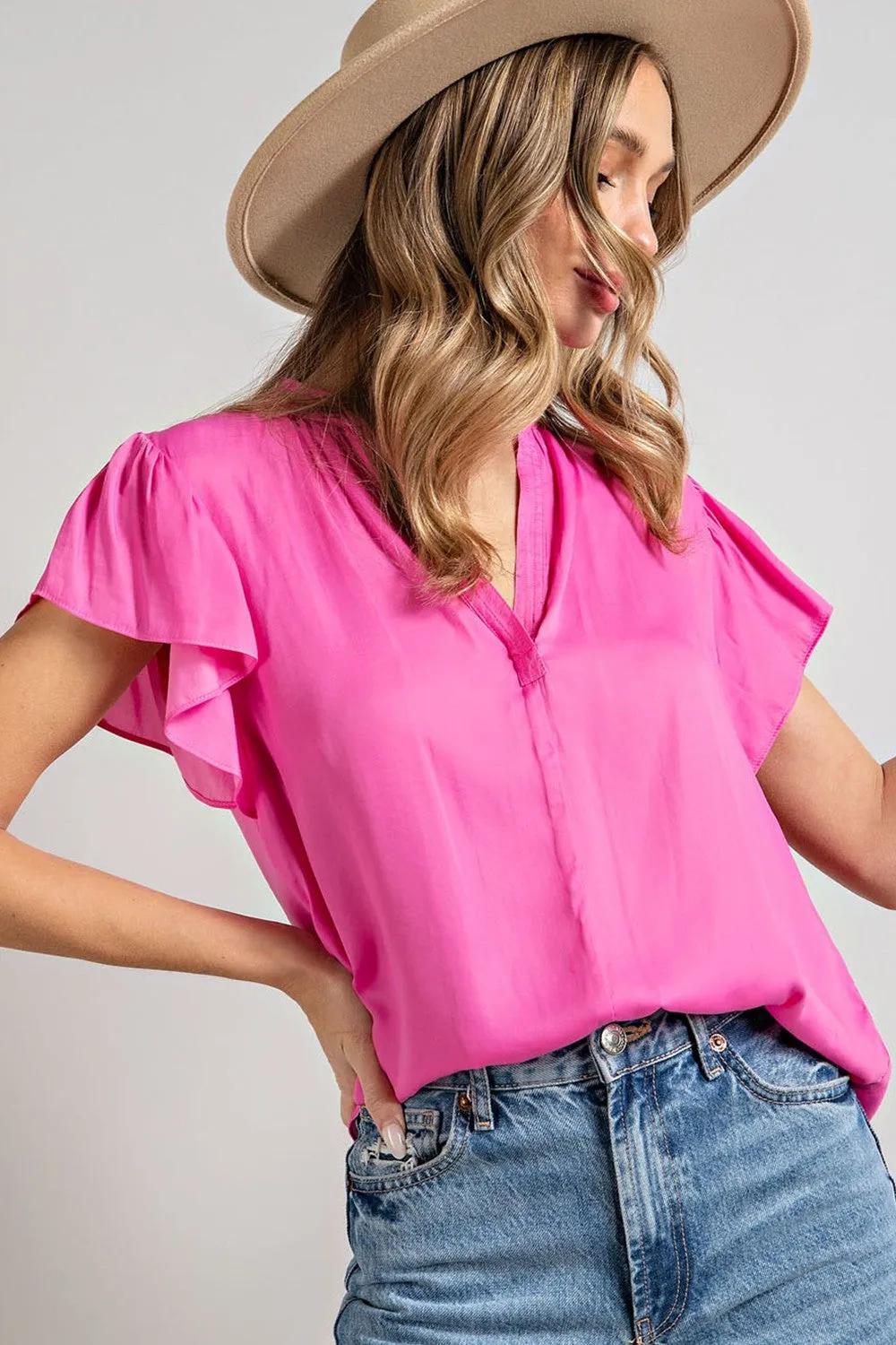 Georgia Flutter Cap Sleeve Blouse: Bubble Gum