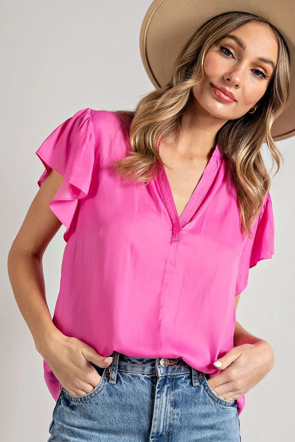 Georgia Flutter Cap Sleeve Blouse: Bubble Gum