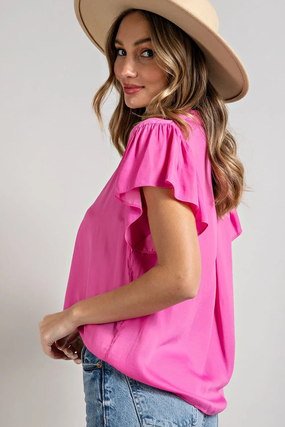 Georgia Flutter Cap Sleeve Blouse: Bubble Gum