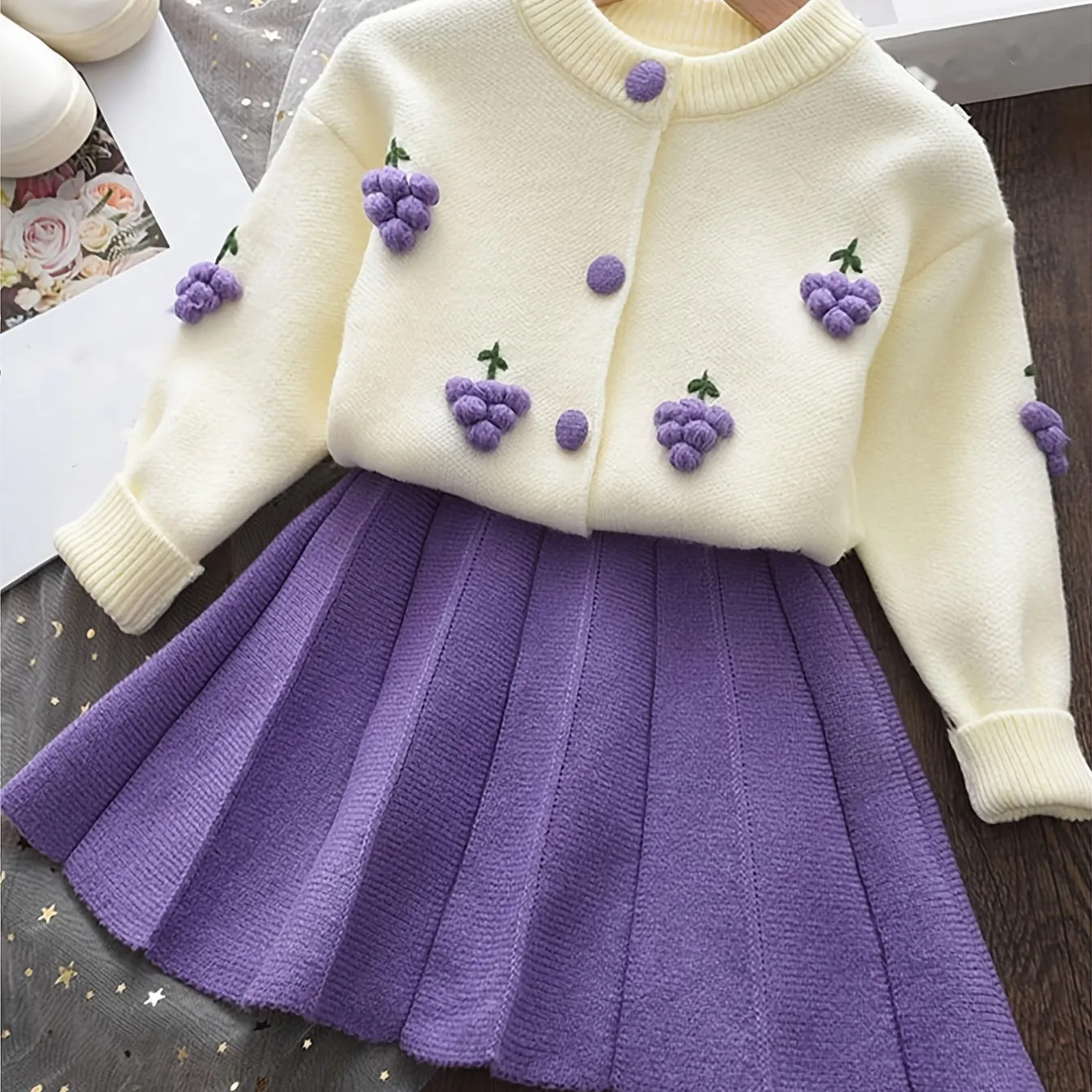 Girls Knit Cardigan Sweater & Pleated Skirts Set Baby Kids Clothes For Spring Fall