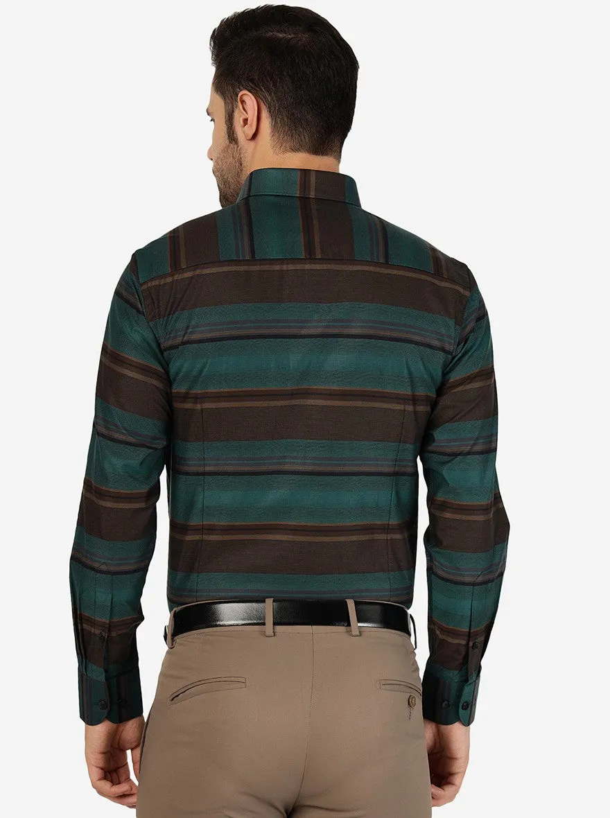 Green & Brown Striped Slim Fit Formal Shirt | Metal