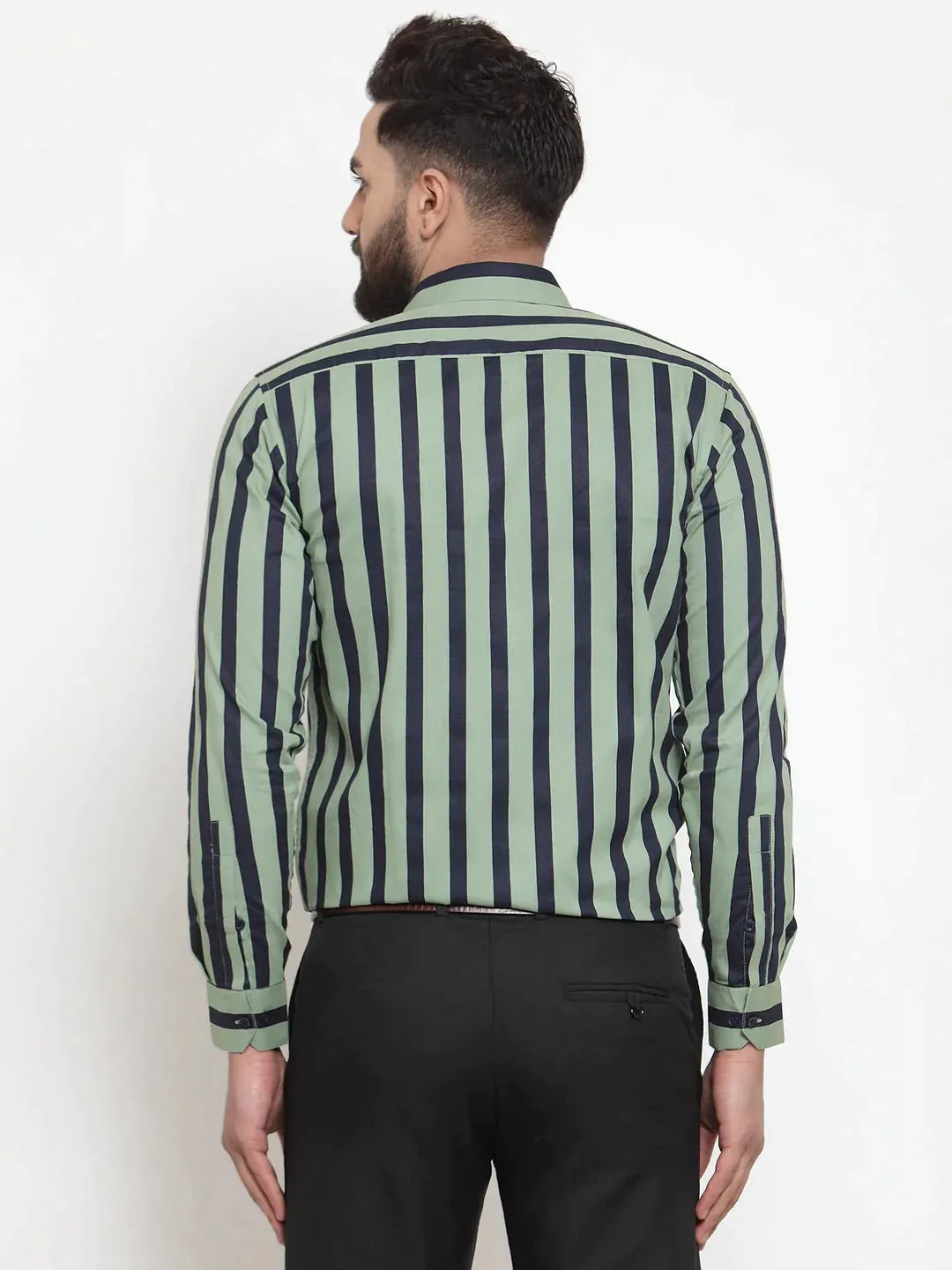 Green Men'S Cotton Striped Formal Shirts