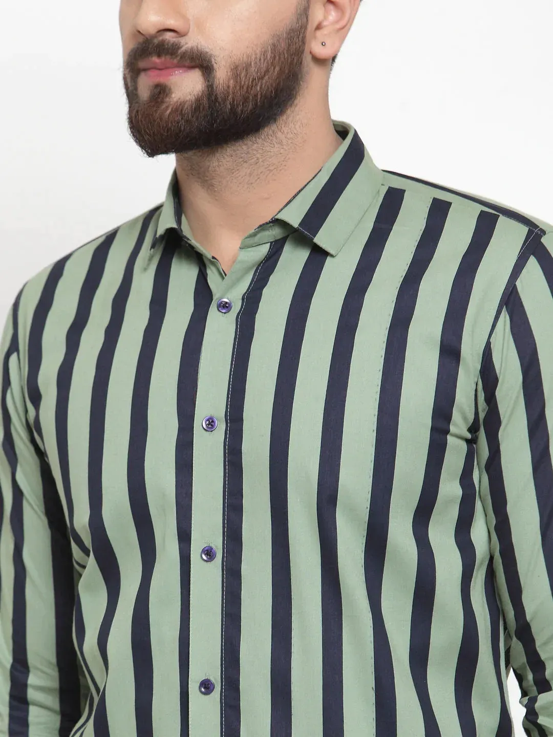 Green Men'S Cotton Striped Formal Shirts