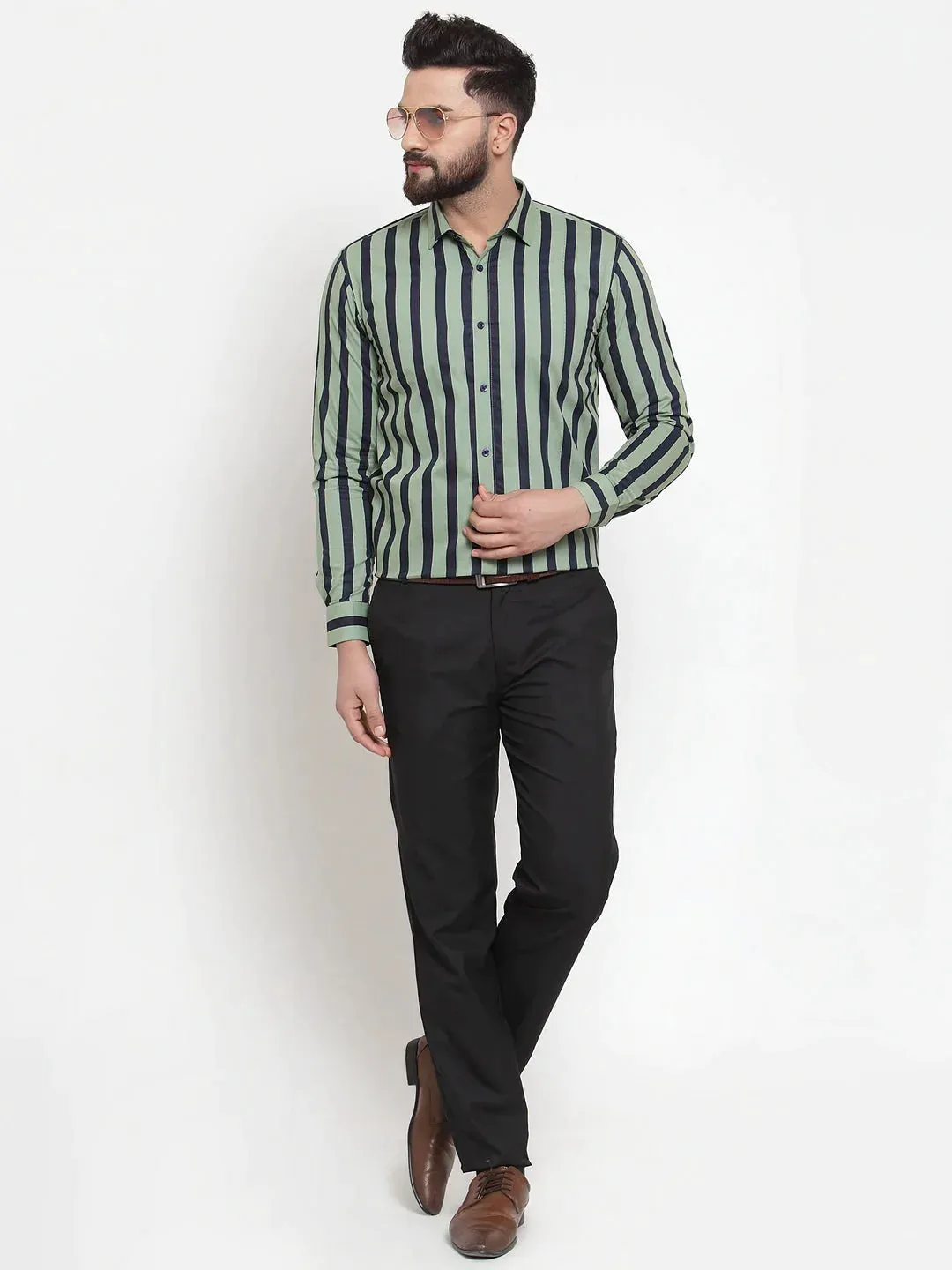 Green Men'S Cotton Striped Formal Shirts