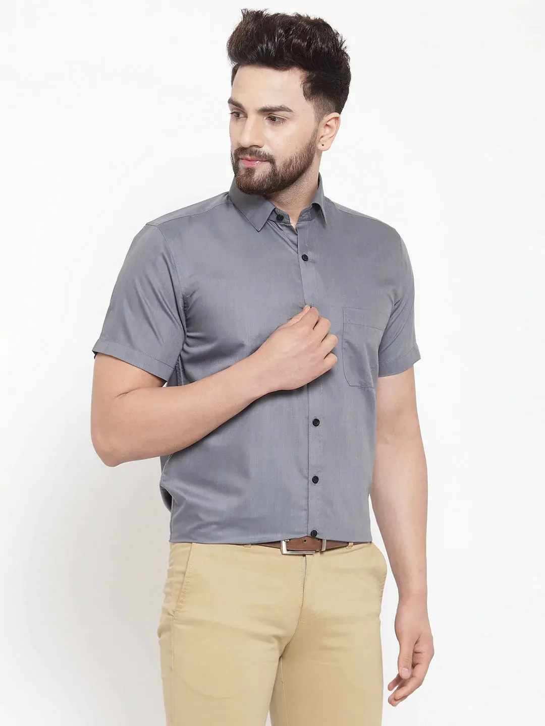 Grey Men'S Cotton Half Sleeves Solid Formal Shirts