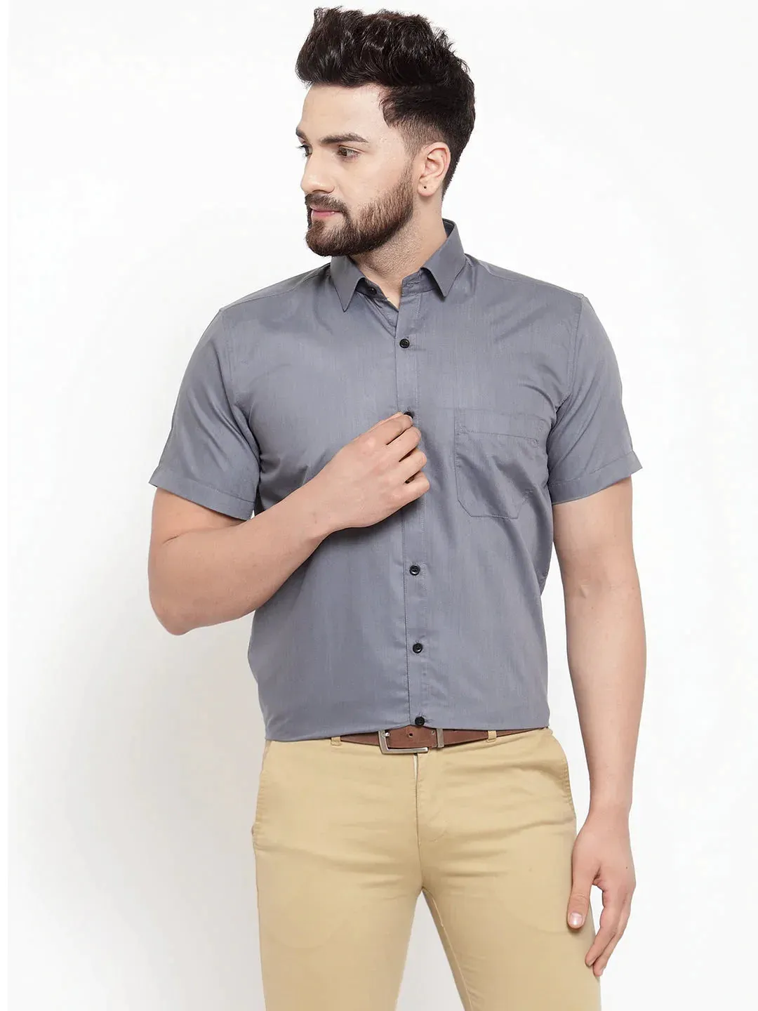 Grey Men'S Cotton Half Sleeves Solid Formal Shirts