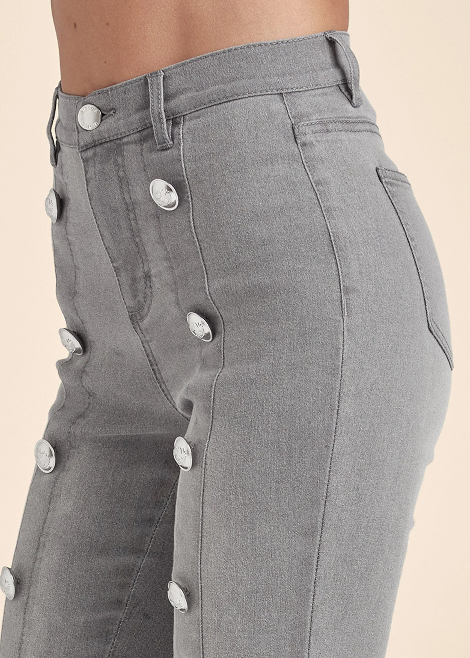 High Rise Button Detail Skinny Jeans - Grey Denim