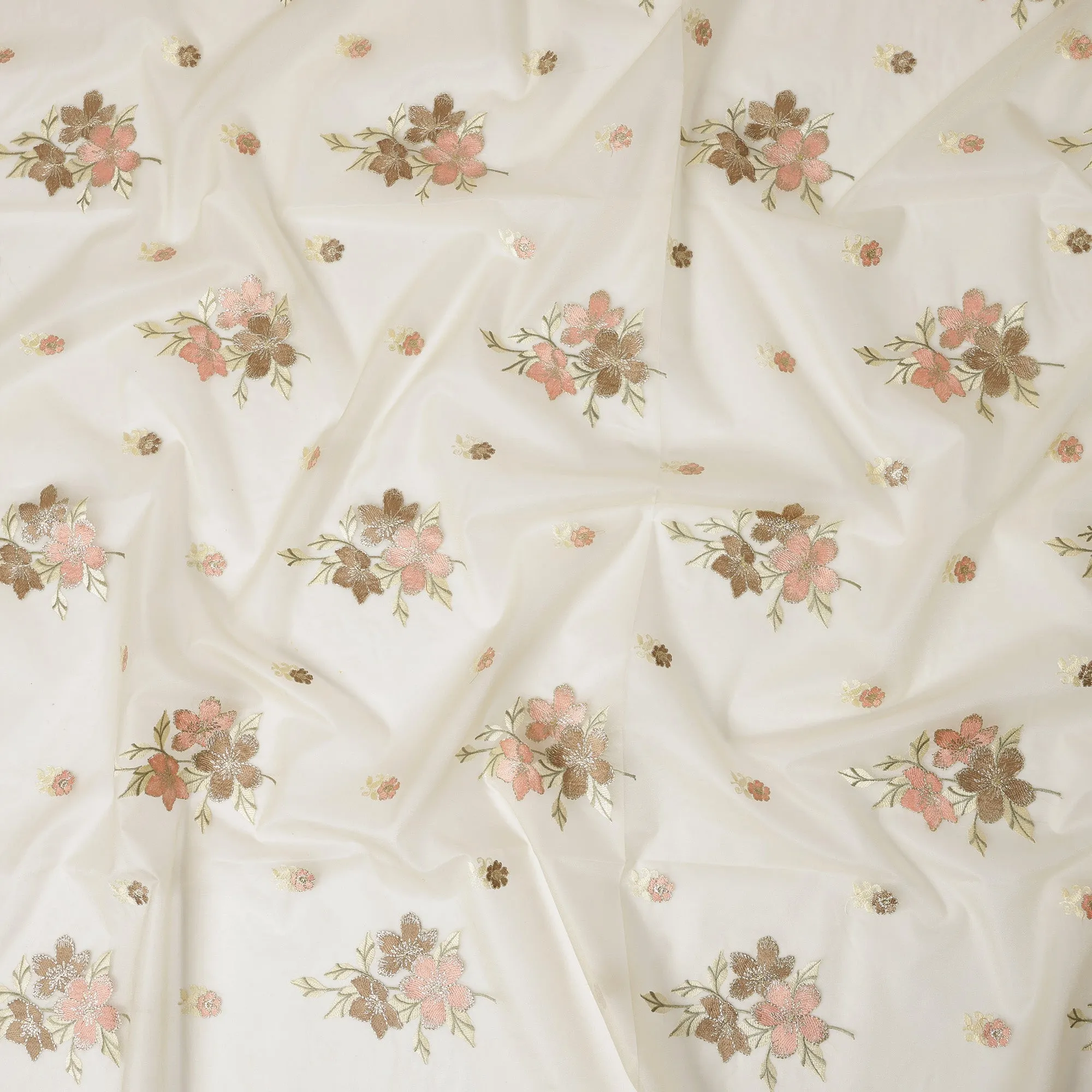 Ivory Silk Organza Fabric with Pink and Brown Floral Embroidery, 110 cm Width-D20430