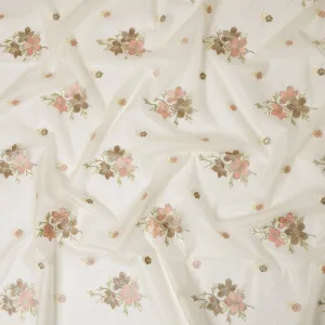 Ivory Silk Organza Fabric with Pink and Brown Floral Embroidery, 110 cm Width-D20430