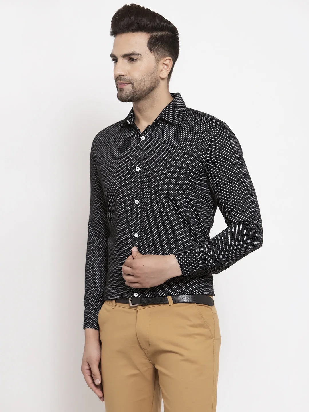 Jashvi Black Men's Cotton Polka Dots Formal Shirts