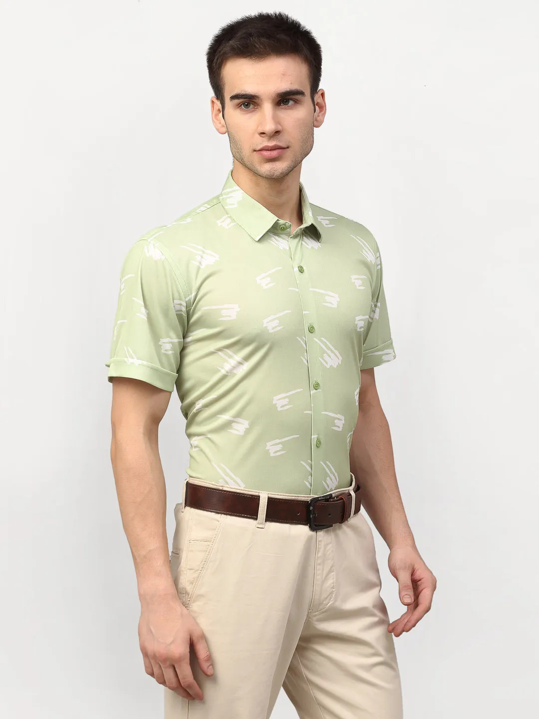 Jashvi Green Men's Printed Lycra Half Sleevess Formal Shirts