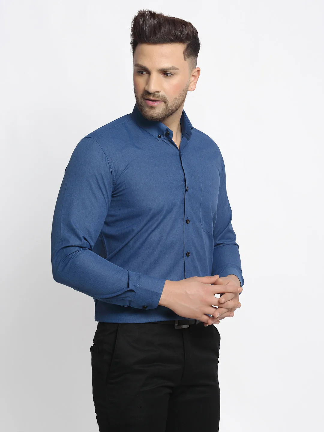 Jashvi Navy Men's Cotton Solid Button Down Formal Shirts