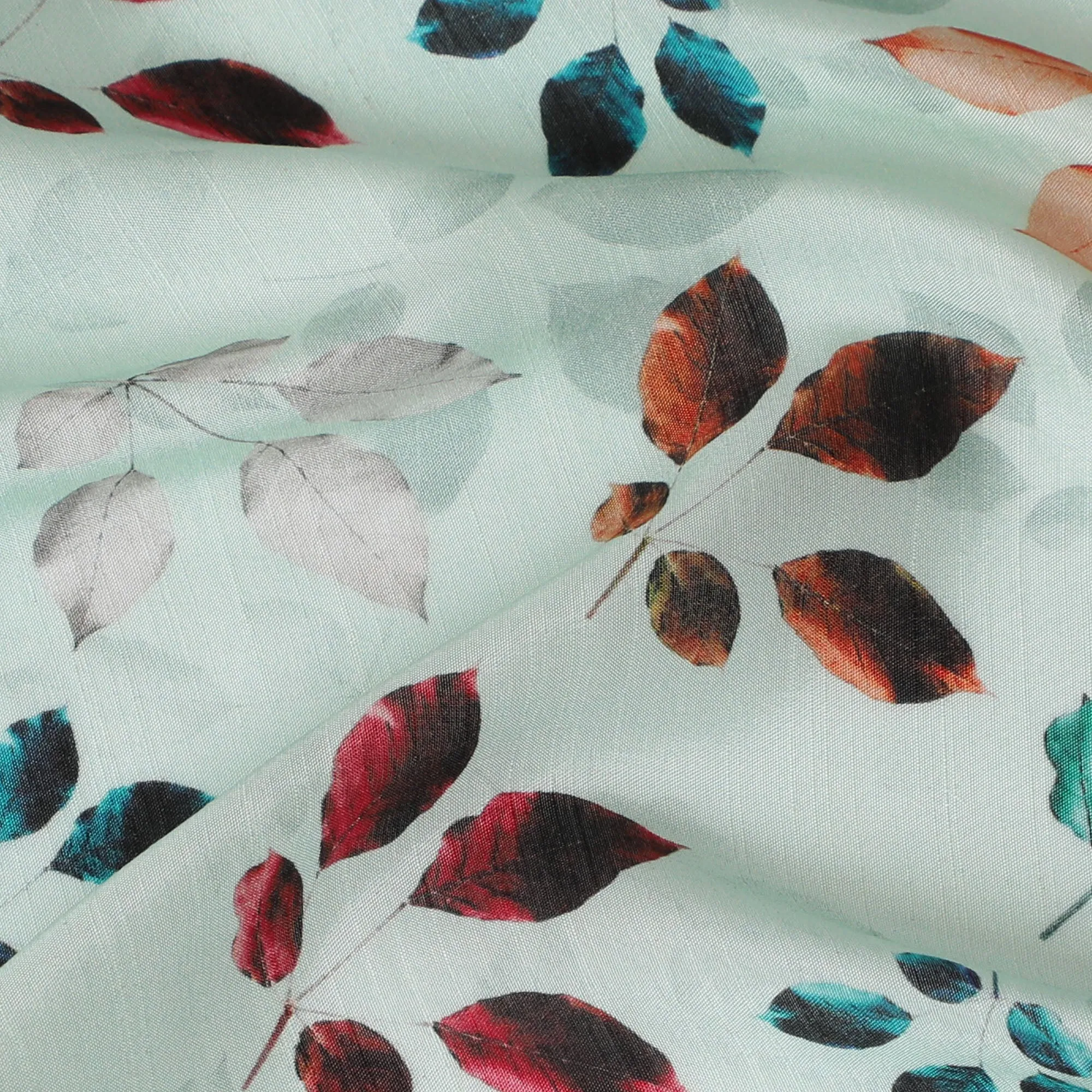 Light Mint with Multicolor Leaf Print Viscose Digital Printed Fabric - 110 cm Width-D19993