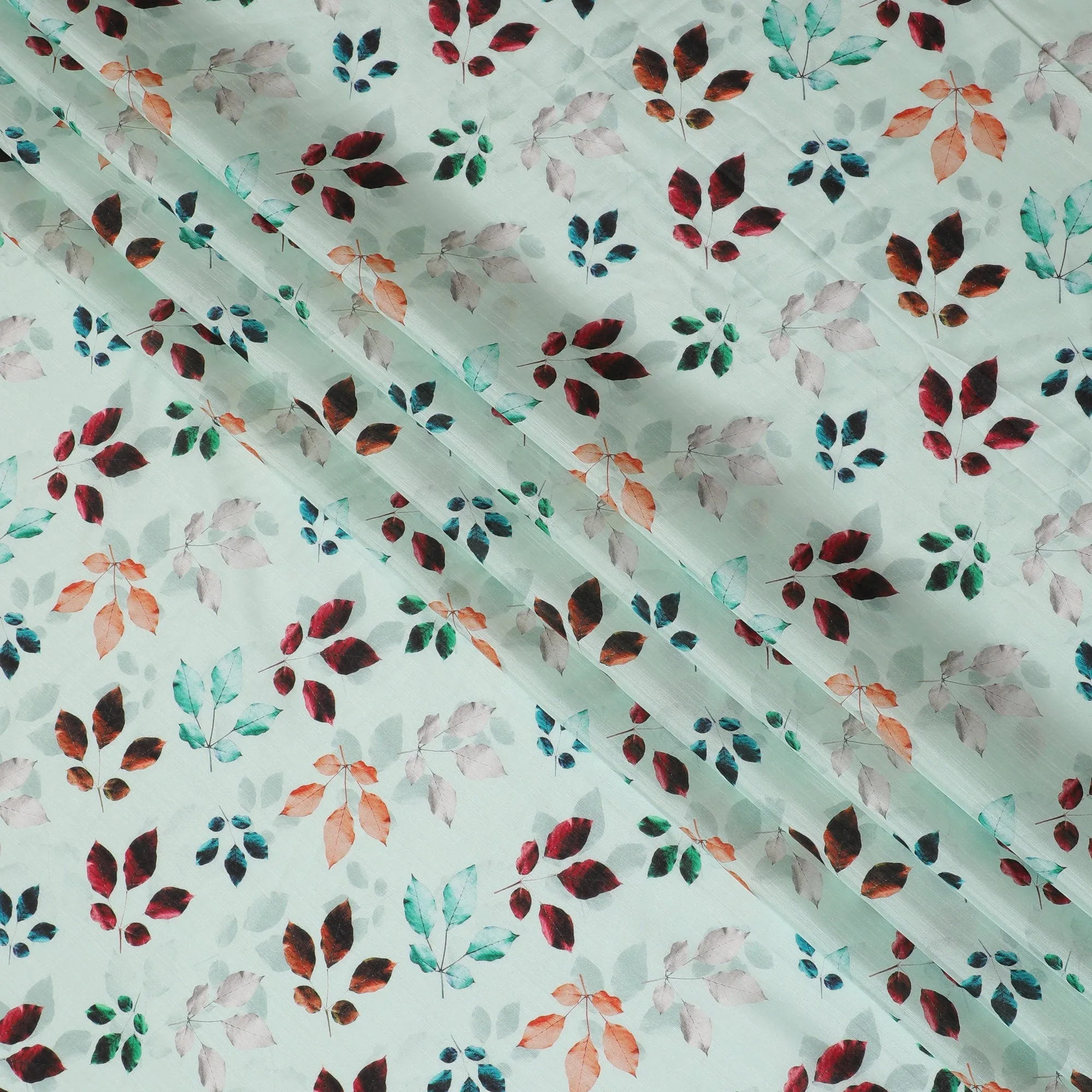 Light Mint with Multicolor Leaf Print Viscose Digital Printed Fabric - 110 cm Width-D19993