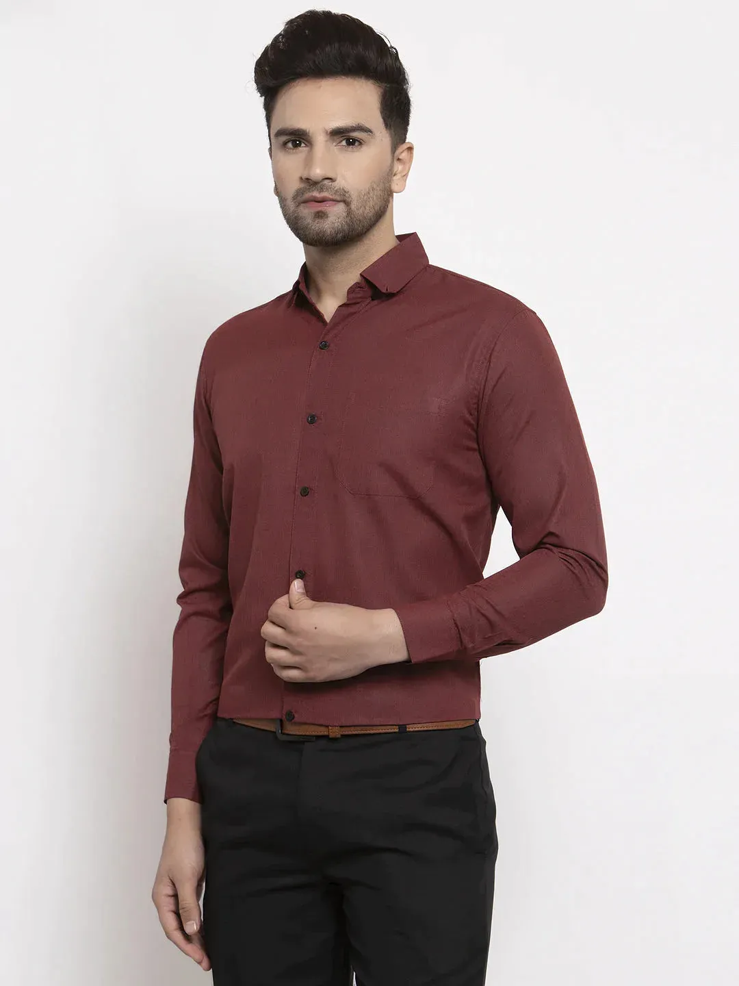 Maroon Men'S Cotton Solid Button Down Formal Shirts