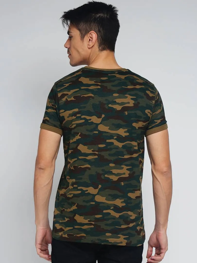 Men Multicoloured Cotton Half Sleeves Camo Printed Round Neck Tees