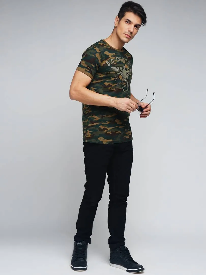 Men Multicoloured Cotton Half Sleeves Camo Printed Round Neck Tees