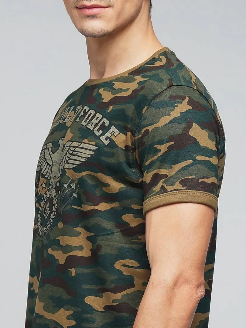 Men Multicoloured Cotton Half Sleeves Camo Printed Round Neck Tees