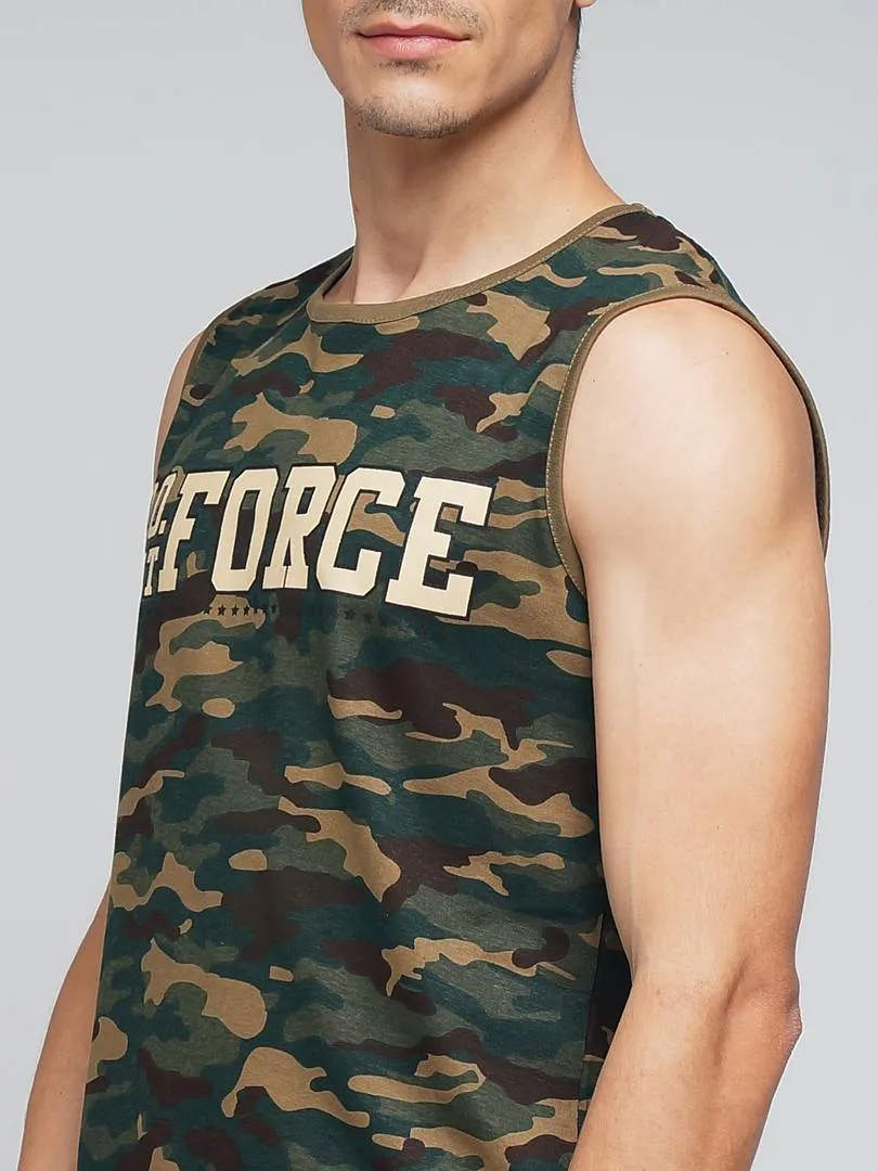 Men Multicoloured Cotton Sleeveless Camo Printed Round Neck Tees