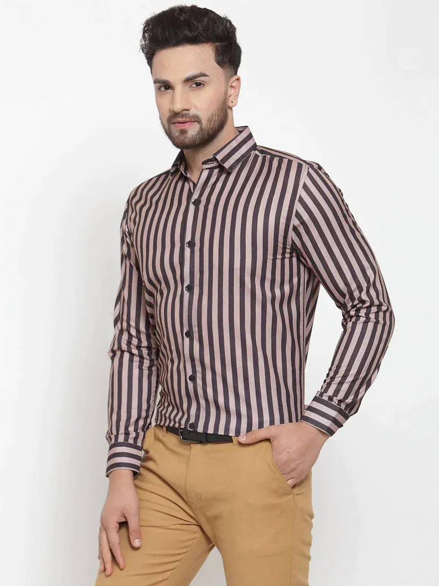 Men's Black Cotton Striped Formal Shirts - Taantav