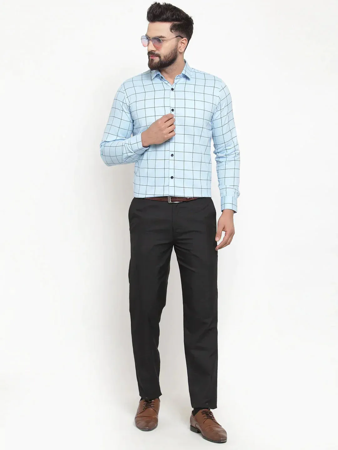 Men's Blue Cotton Checked Formal Shirts - Taantav