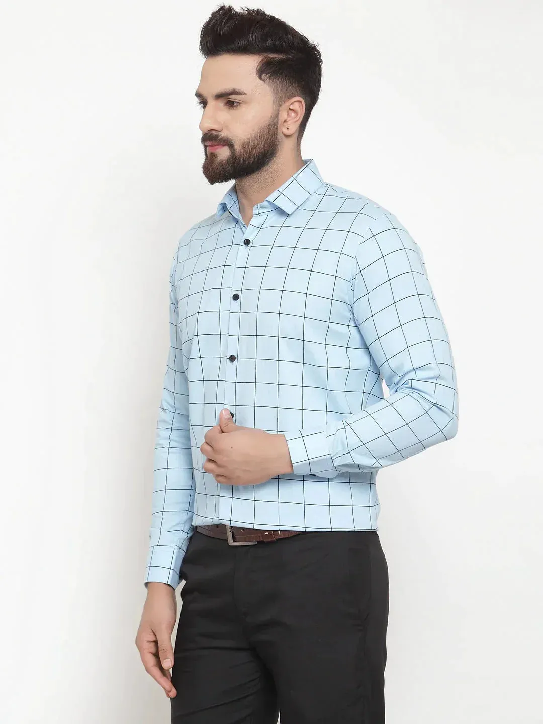 Men's Blue Cotton Checked Formal Shirts - Taantav