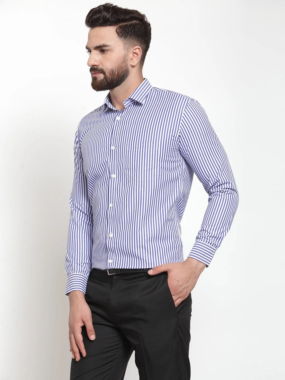 Men's Blue Cotton Striped Formal Shirts ( SF 735Blue ) - Jainish