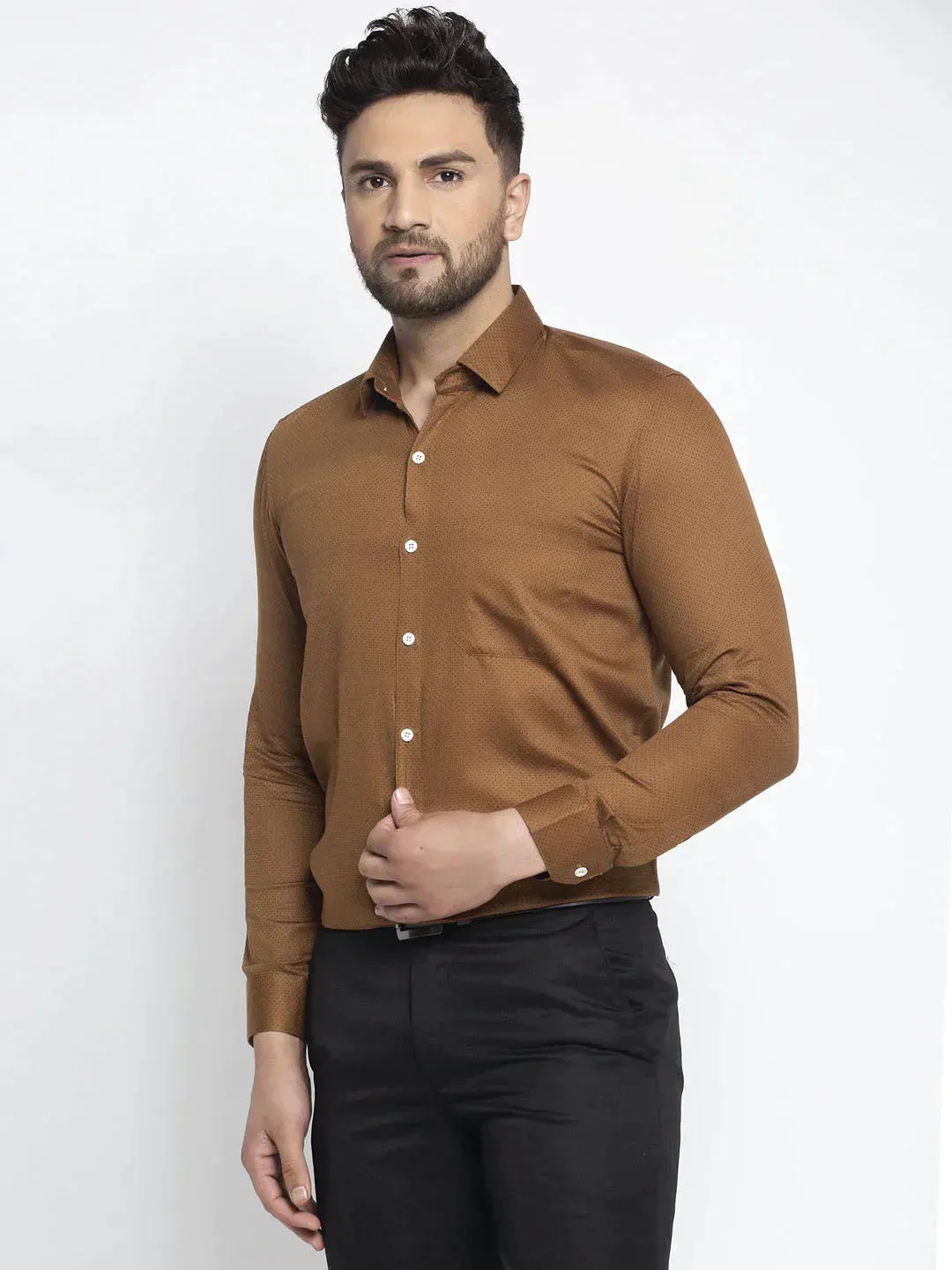 Men's Brown Cotton Polka Dots Formal Shirts - Taantav