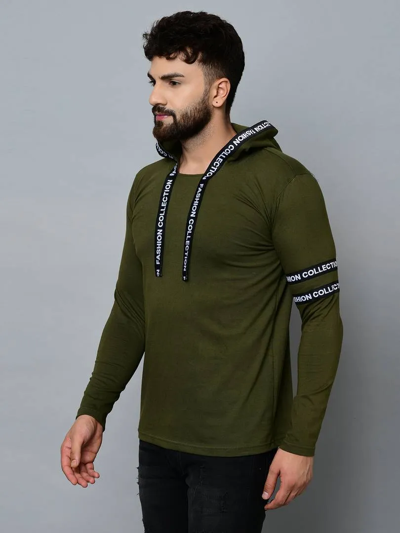 Men's Green Cotton Self Pattern Hooded Tees