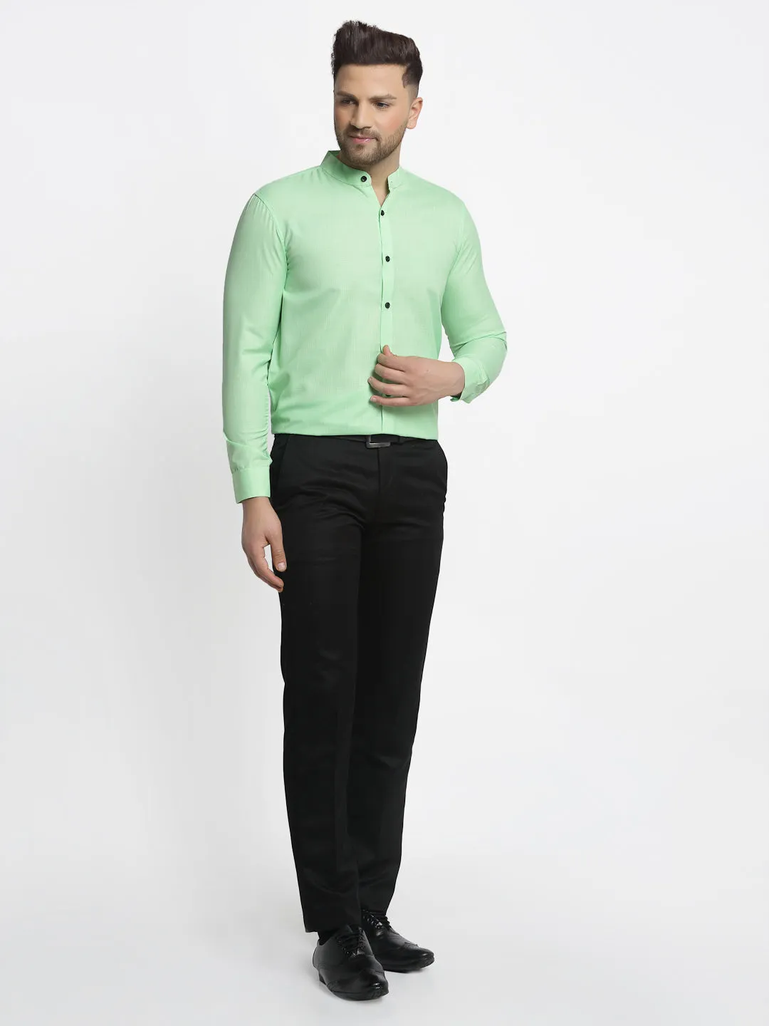 Men's Green Cotton Solid Mandarin Collar Formal Shirts ( SF 726Light-Green ) - Jainish