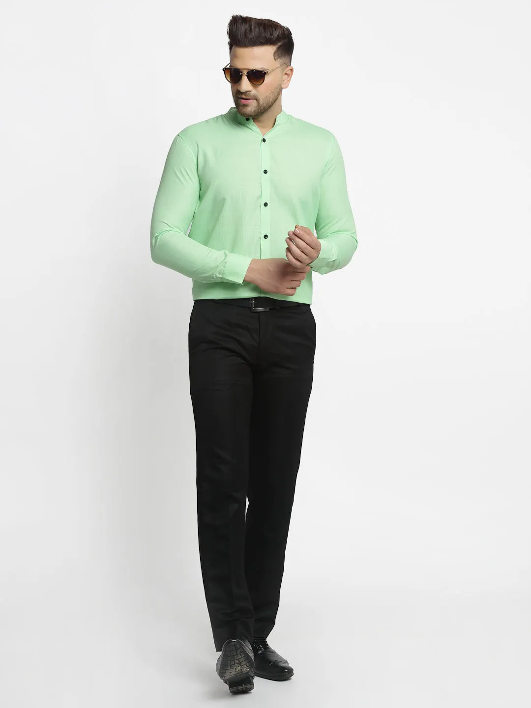 Men's Green Cotton Solid Mandarin Collar Formal Shirts ( SF 726Light-Green ) - Jainish