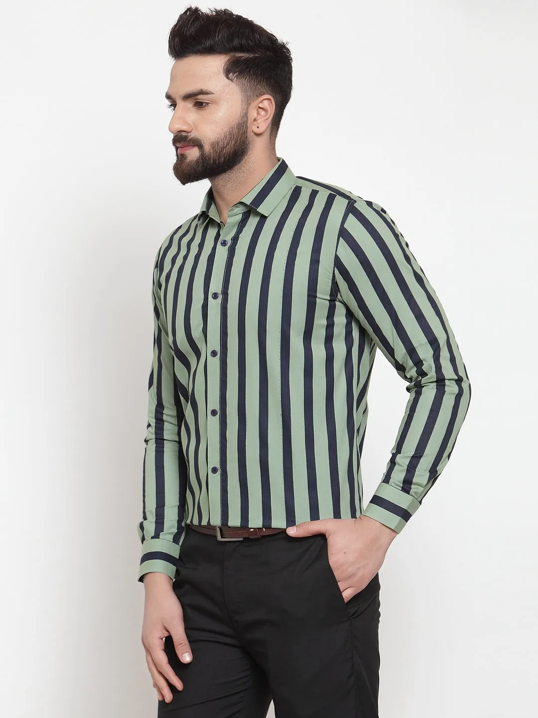 Men's Green Cotton Striped Formal Shirts ( SF 744Green ) - Jainish